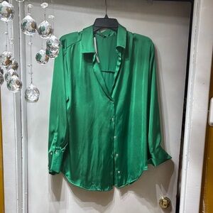 Zara Emerald Satin Button-Down Blouse